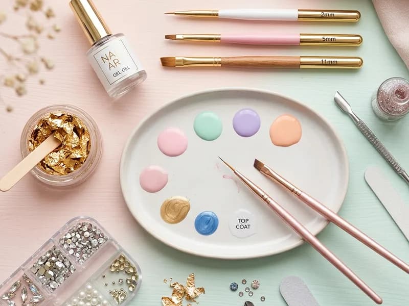 Nail art için ince fırçalar, renkler ve süsleme malzemeleri